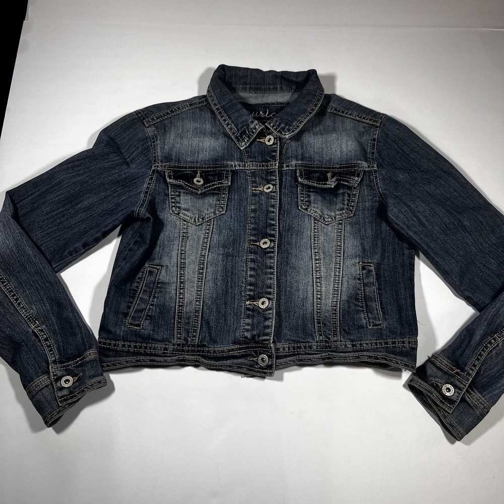 Maurices Size S Cropped Denim Jean Jacket Long Sleeve Blue Dark